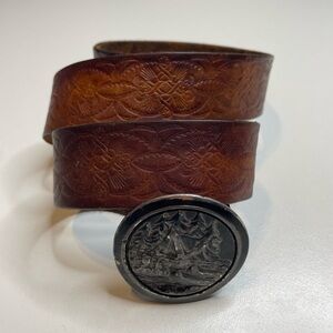 Vintage 70’s Brass Belt Buckle Floral Embossed Design Brown Leather Boho Belt 36